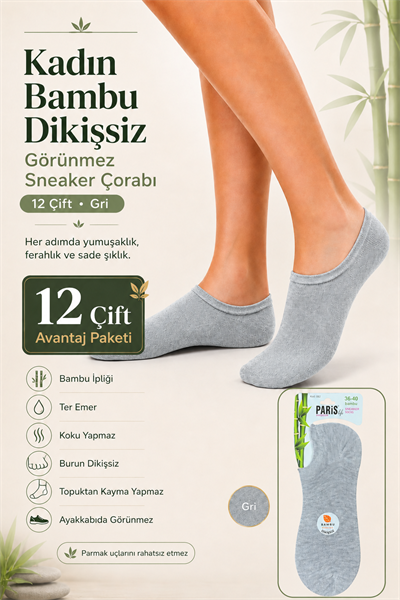 Kadın Bambu Dikişsiz Görünmez Sneaker Çorabı – 12 Çift - GRİ