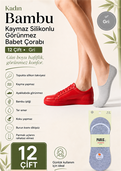 Kadın Bambu Kaymaz Silikonlu Görünmez Babet Çorabı – 12 Çift - GRİ