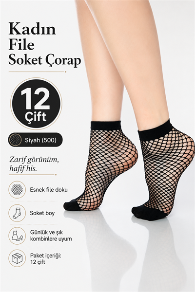 Kadın File Soket Çorap – 12 Çift - Siyah (500)