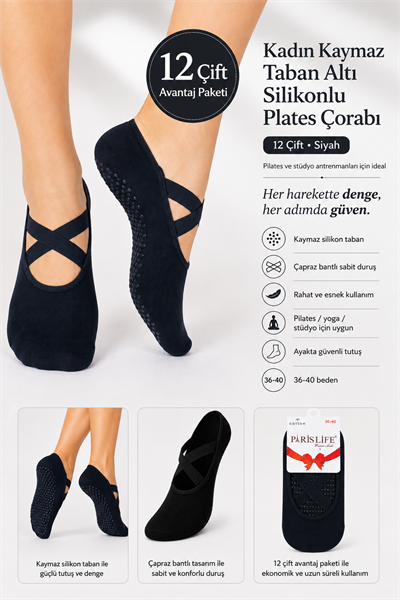 Kadın Kaymaz Taban Altı Slikonlu Plates Çorabı – 12 Çift - Siyah