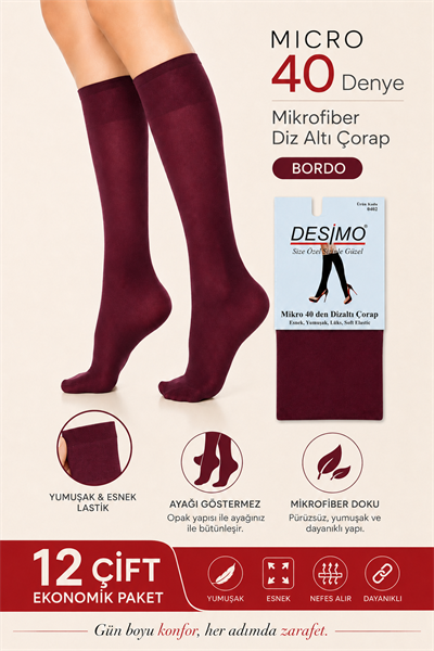 Micro 40 Denye Kadın Mikrofiber Orta Kalın Diz Altı Pantolon Çorabı – 12 Çift - Bordo