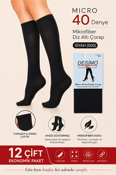 Micro 40 Denye Kadın Mikrofiber Orta Kalın Diz Altı Pantolon Çorabı – 12 Çift - Siyah (500)