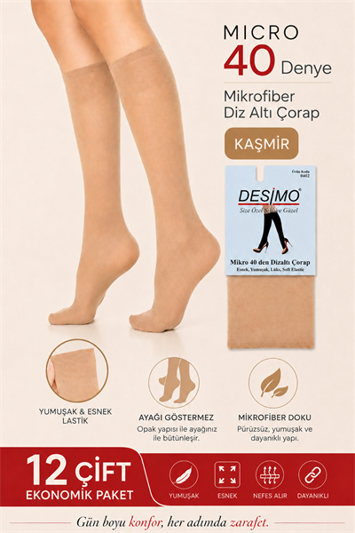 Micro 40 Denye Kadın Mikrofiber Orta Kalın Diz Altı Pantolon Çorabı – 12 Çift - Kaşmir