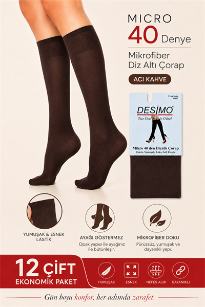 Micro 40 Denye Kadın Mikrofiber Orta Kalın Diz Altı Pantolon Çorabı – 12 Çift - Acı Kahve