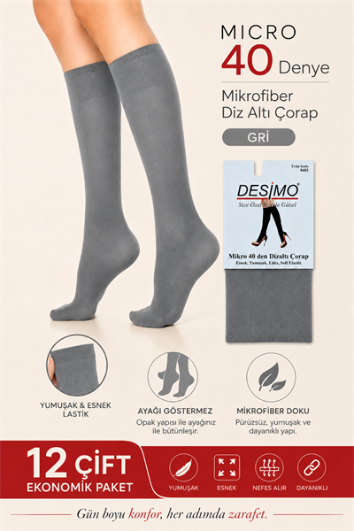 Micro 40 Denye Kadın Mikrofiber Orta Kalın Diz Altı Pantolon Çorabı – 12 Çift - Gri