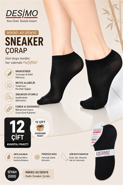 Micro 40 Denye Kadın Mikrofiber Orta Kalın Sneaker Çorabı – 12 Çift - SİYAH (500)