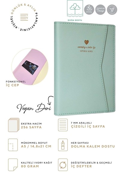 Victorias Journals Geçmeli Ve Cepli Defter A5 Ivory 80 Gr. 128 Yp.Pastel Yeşil