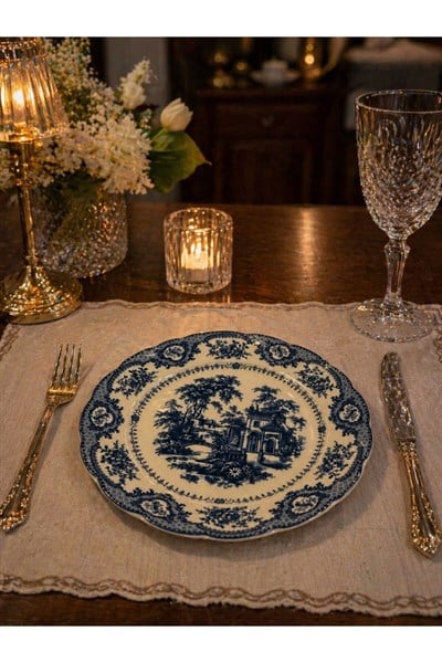 Elizabeth Bone Porselen 6 lı Pasta Tabağı Mavi Vitage 22 cm