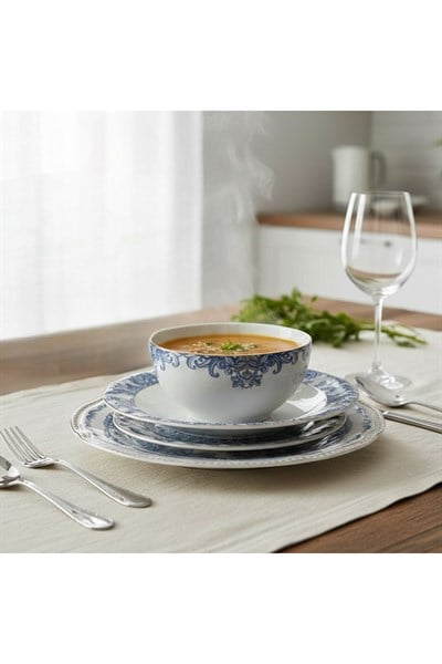 Outlet Florance Mavi&Beyaz Desenli New Bone China Porselen 24 parça Yemek Takımı