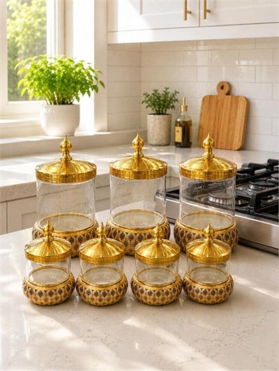 Twinkle 7 li Cam Ve Porselen Gold Metal Kapaklı Baharat Takımı Gold Mavi