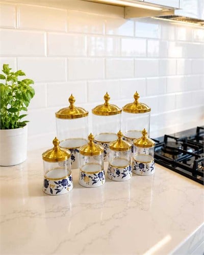 Twinkle 7 li Cam Ve Porselen Gold Metal Kapaklı Baharat Takımı Mavi Çiçekli