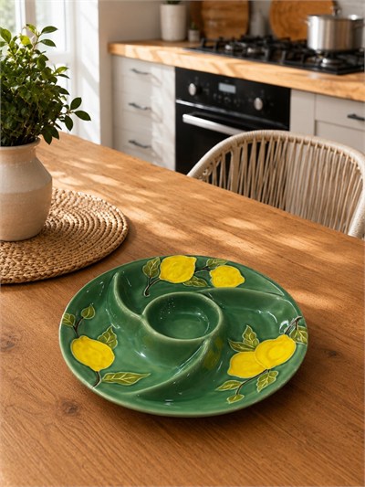 Twinkle Amalfi Garden Limon Desenli 4 Bölmeli Yuvarlak Çerezlik Sosluk Peynir Tabağı Yeşil 31 cm