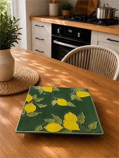 Twinkle Amalfi Garden Limon Desenli Kare Düz Tabak Yeşil 28 cm