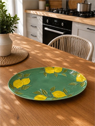 Twinkle Amalfi Garden Limon Desenli Oval Düz Tabak 38 cm Yeşil