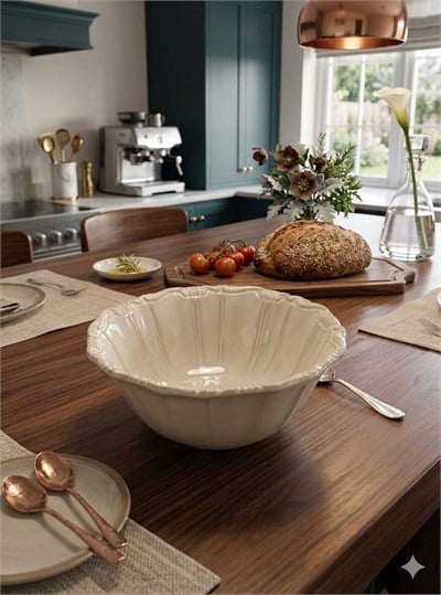 Twinkle Antik Görünümlü Bej Eskitmeli Yuvarlak Derin Salata Sunum Tabak 23 cm