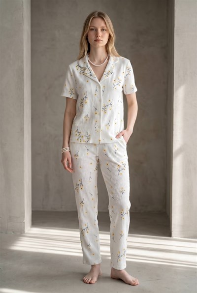 SUISY-Çıtır Çiçekli Beyaz Uzun Pijama Takımı SUISY COLLECTION