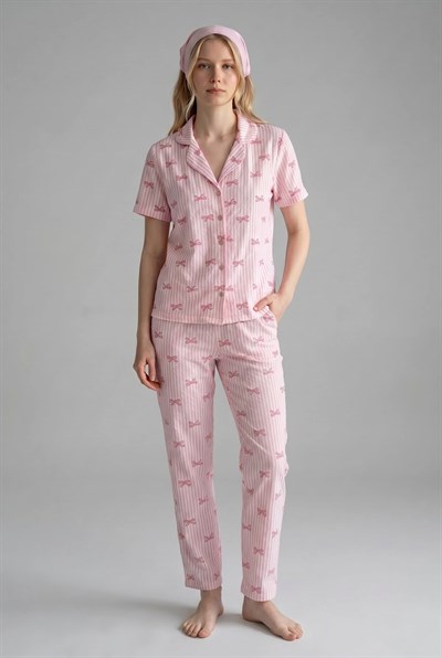 SUISY-Fiyonk Desenli Pembe Uzun Pijama Takımı SUISY COLLECTION