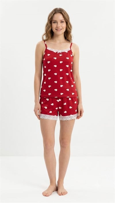 SUISY-Kırmızı Kalp Desenli Askılı Şortlu Pijama Takımı SUISY COLLECTION