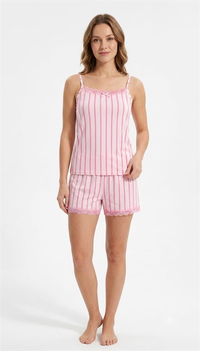 SUISY-Pembe Çizgili Dantelli Şortlu Pijama Takımı SUISY COLLECTION
