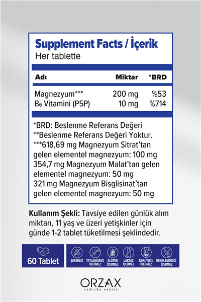 ExtraMag Üçlü Kombinasyon Magnezyum 200 mg Takviye Edici Gıda 60 Tablet