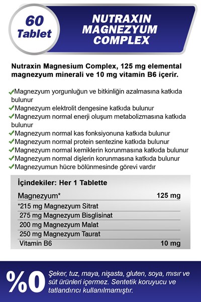 Magnezyum Complex 60 Tablet 125 Mg - Bisiglinat - Taurat - Malat - Sitrat - B6