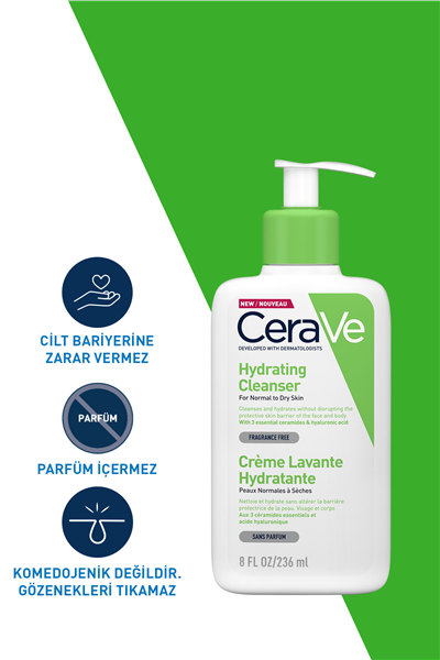 Normal ve Kuruya Dönük Ciltler için Seramid & Hyalüronik Asit İçeren Nemlendiren Temizleyici 236ml