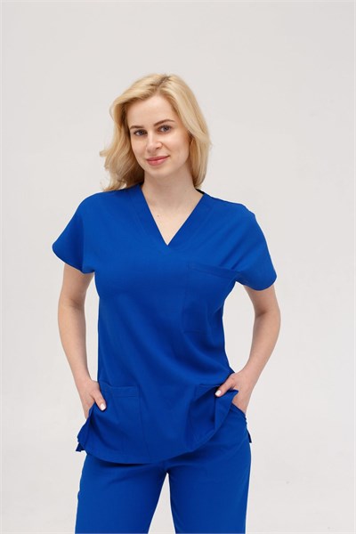 Likralı Scrubs Takım Saks Mavi