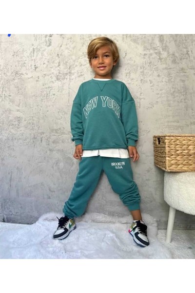 🟢neo Kids Erkek Çocuk İkili Takım – Yeşil New York Sweatshirt & Brooklyn Baskılı Eşofman Alt