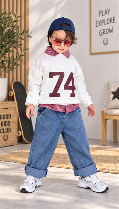 74 Baskılı 3'lü Gömlekli Takım - Sweatshirt , Çizgili Gömlek ve Jean Pantolon