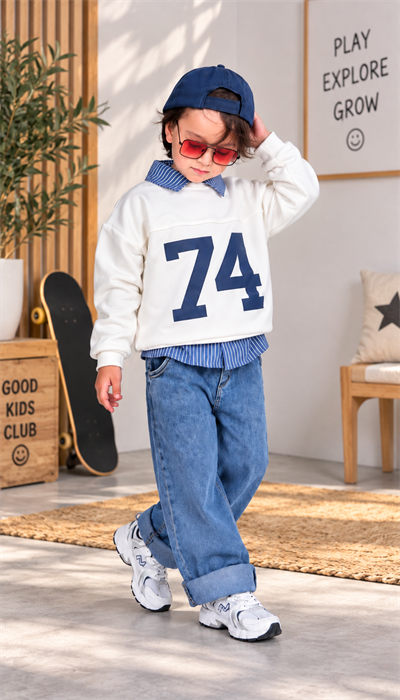 74 Baskılı 3'lü Gömlekli Takım - Sweatshirt , Çizgili Gömlek ve Jean Pantolon
