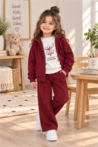 Bordo Kapüşonlu 3'lü Takım  - Sweatshirt Tişört Pantolon