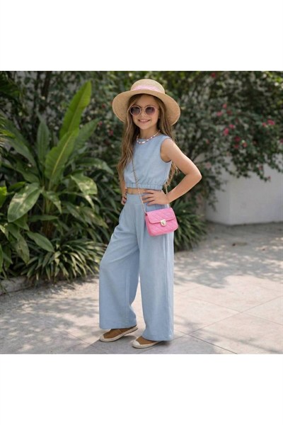 Keten Crop Bluz ve Palazzo Pantolon - Mavi