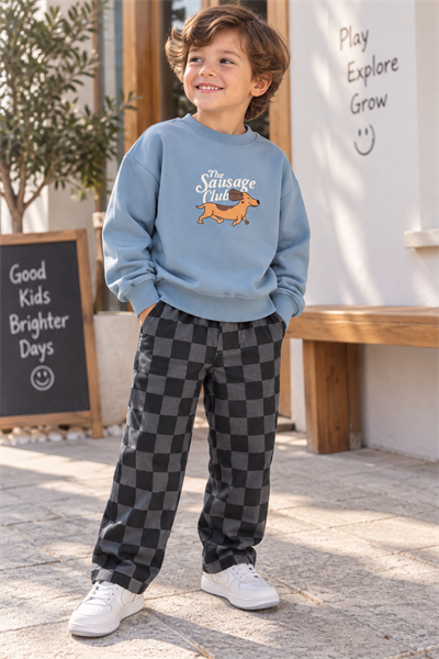 Mavi Sweatshirt Gri Siyah Kareli Bol Paça Pantolon 2'li Takım
