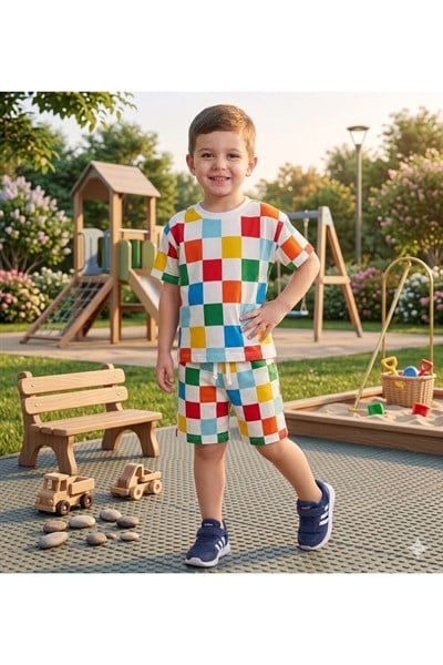 Neo Kids Çocuk Çok Renkli Damalı Desen Alt Üst Takım