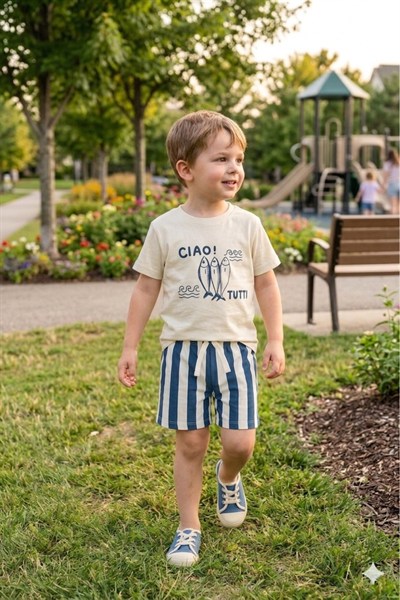 Neo Kids Erkek Çocuk Marin Temalı Balık Baskılı T-shirt ve Çizgili Şort Takımı