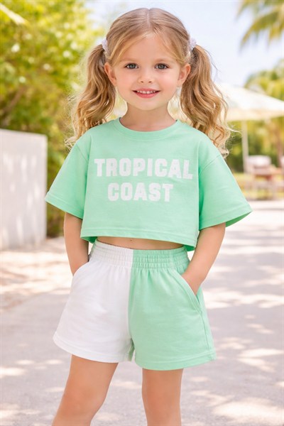 Neo Kids Kız Çocuk Mint Yeşili Tropical Coast Baskılı Crop Tişört ve Renk Bloklu Şortlu Takım