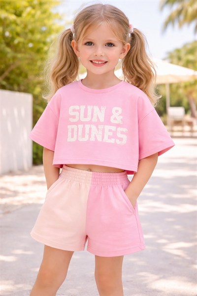 Neo Kids Kız Çocuk Pembe Sun & Dunes Yazılı Crop Tişört ve Renk Bloklu Şort Takım