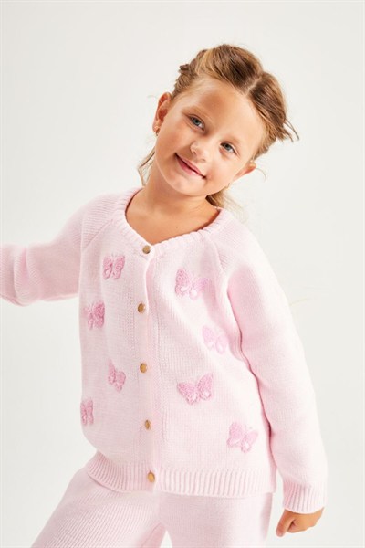 Neo Kids Kız Çocuk Pembe Triko Takım 🦋 Kelebek Desenli 2'li Rahat Kombin