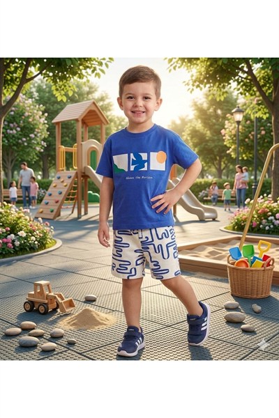 Neo Kids Mavi Kuş Baskılı T-Shirt ve Desenli Şort Takımı