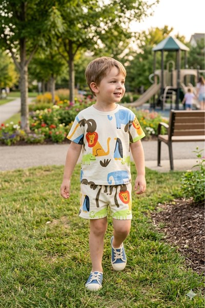 Neo Kids Safari Desenli Erkek Çocuk Şortlu Takım - Yeni Sezon Yazlık Kombin
