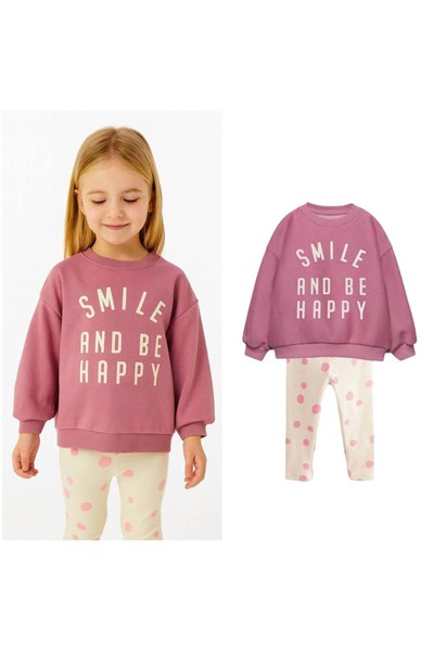 Pembe “Smile and Be Happy” Yazılı Sweatshirt ve Puantiyeli Tayt 2’li Kız Çocuk Takımı