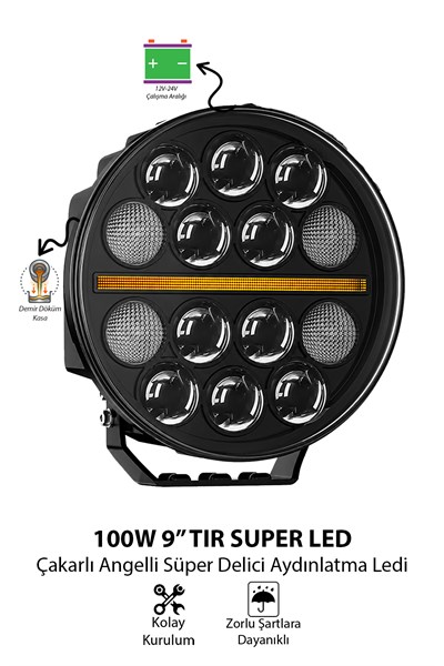100W 9 İnç TIR Super LED Çakarlı Angelli Mercekli Aydınlatma Ledi 12V-24V Uyumlu Demir Döküm Siyah Renk