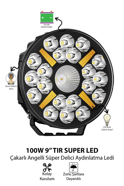 100W 9 İnç Yuvarlak Tır Off Road Çakar Modlu Angel Mercekli Aydınlatma Ledi Çalışma Lambası Demir Döküm Siyah Renk