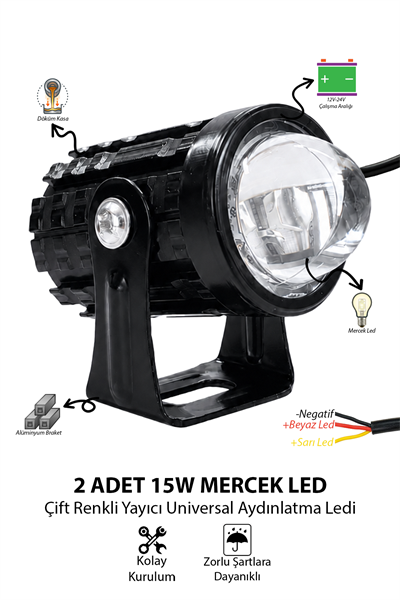 2 Adet 15W Mini Mercekli Motosiklet Sis Lambası Çift Renkli Beyaz ve Sarı 12V-24V Döküm Gövde