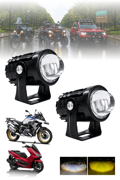 2 Adet 15W Mini Mercekli Motosiklet Sis Lambası Çift Renkli Beyaz ve Sarı 12V-24V Döküm Gövde