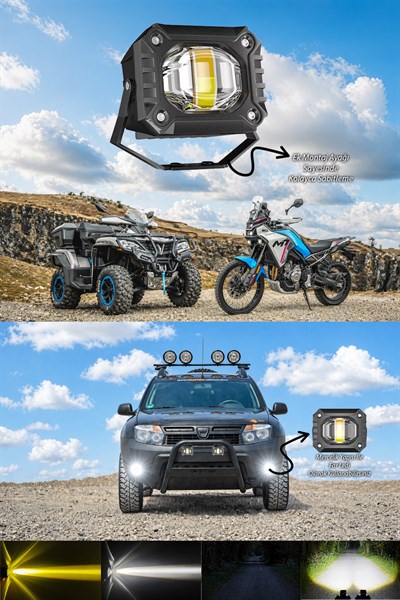 2 Adet 15W Tek Mercekli Motosiklet Sis Lambası Çift Renkli Beyaz Sarı LED Yayıcı 12V-24V Alüminyum Braketli Demir Döküm Siyah Renk