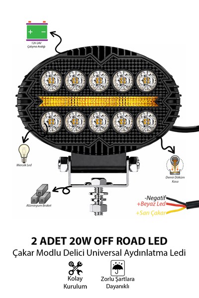 2 Adet 20W 10 LED Oval Off Road Sarı Çakar Modlu Aydınlatma Ledi Çalışma Lambası Demir Döküm Siyah Renk