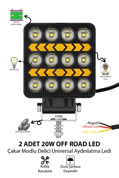 2 Adet 20W 12 LED Kare Off Road Sarı Çakar Modlu Aydınlatma Ledi Çalışma Lambası Demir Döküm Siyah Renk
