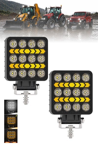 2 Adet 20W 12 LED Kare Off Road Sarı Çakar Modlu Aydınlatma Ledi Çalışma Lambası Demir Döküm Siyah Renk