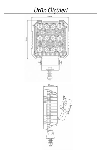 2 Adet 20W 12 LED Kare Off Road Sarı Çakar Modlu Aydınlatma Ledi Çalışma Lambası Demir Döküm Siyah Renk